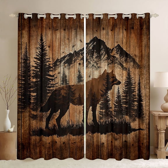 jejeloiu Woodland Animal Wolves Blackout Curtains Set of 2 (52x84 Each),Rustic Farmhouse Cabin Window Curtains,Old Bran Door Curtains and Drapes For Boys Teens,Luxury Bedroom Decor