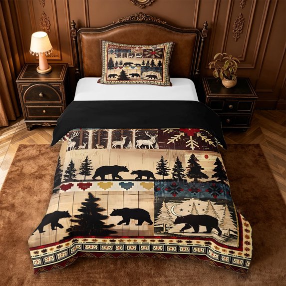 jejeloiu Woodland Bear Twin Duvet Cover,Lodge Print Twin Bedding For Boys,Brown Black,Black Reversible,2 Pieces,1 Duvet Cover and 1 Pillowcase