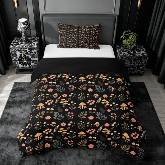 jejeloiu Woodland Floral Twin Duvet Cover For Girls,Playful Mushroom Twin Bedding,Multicolor Black,Black Reversible,2 Pieces,1 Duvet Cover and 1 Pillowcase