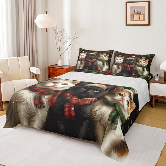 jejeloiu Xmas Kawaii Kitten Happy New Year Happy Christmas Queen Sheet Set,Luxury Teens Bedding,4-Piece