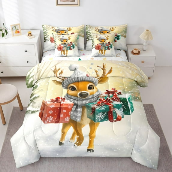 jejeloiu Xmas Reindeer 7-Piece Twin Bedding Sets,Kids Christmas Gifts Bedding Comforter Set,Red Green White Sheet Sets For Teens,Super Cozy Room Decor Reversible