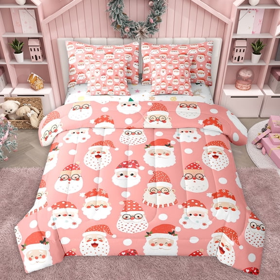 jejeloiu Xmas Santa Claus 7-Piece Bedding Comforter Set,Merry Christmas King Bedding Sets,Pink White Snowflake Bed Sheets For Teens,Luxury Bedroom Decor Reversible