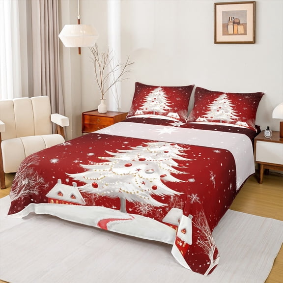 jejeloiu Xmas Tree Full Size Sheets,Merry Christmas Bed Sheets,Red White Sheet Sets For Girls,Microfiber Bedroom Decor,4pcs