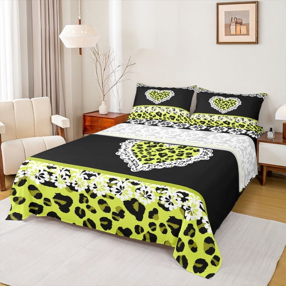 jejeloiu Yellow Animals Print Bed Sheets,Chic Leopard Print King Sheets,Cheetah Pattern Heart Sheet Set For Men Women,Breathable Home Decor,4pcs