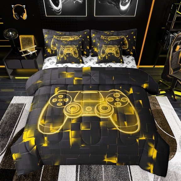 jejeloiu Yellow Console Gamepad 7-Piece Twin Bedding Sets,Modern Video Games Bedding Comforter Set,Geometric Plaid Grid Sheet Sets For Boys Teens,Ultra Soft Home Decor Reversible
