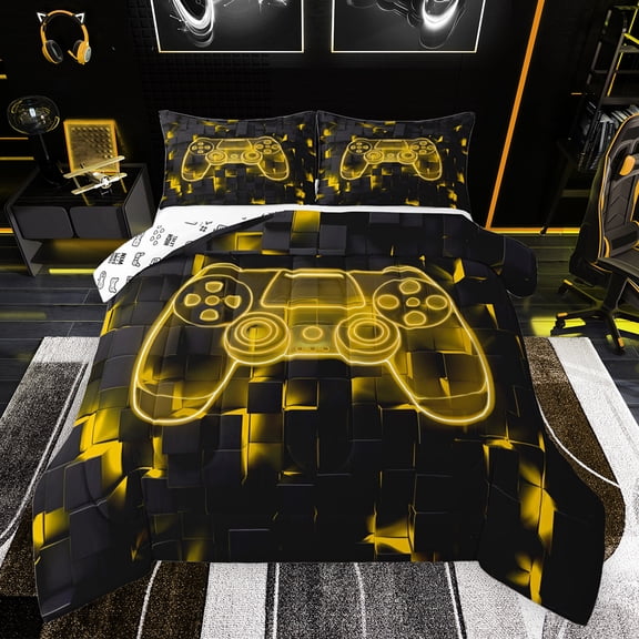 jejeloiu Yellow Console Gamepad Bedding Comforter Set,Modern Video Games Twin Comforter Sets,Geometric Plaid Grid Bedding Set For Boys Teens,Ultra Soft Home Decor Reversible,2pcs