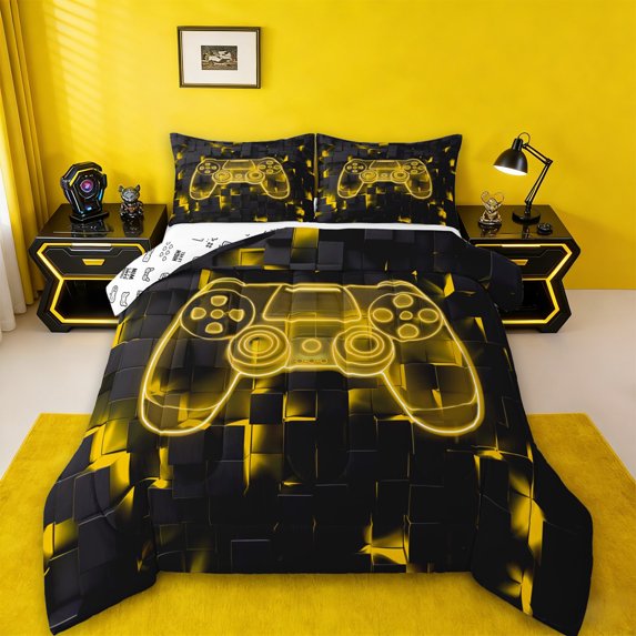 jejeloiu Yellow Console Gamepad Queen Comforter Set,Modern Video Games Bedding Sets,Geometric Plaid Grid Bedding Comforter Set For Boys Teens,Ultra Soft Home Decor Reversible,3 Pieces