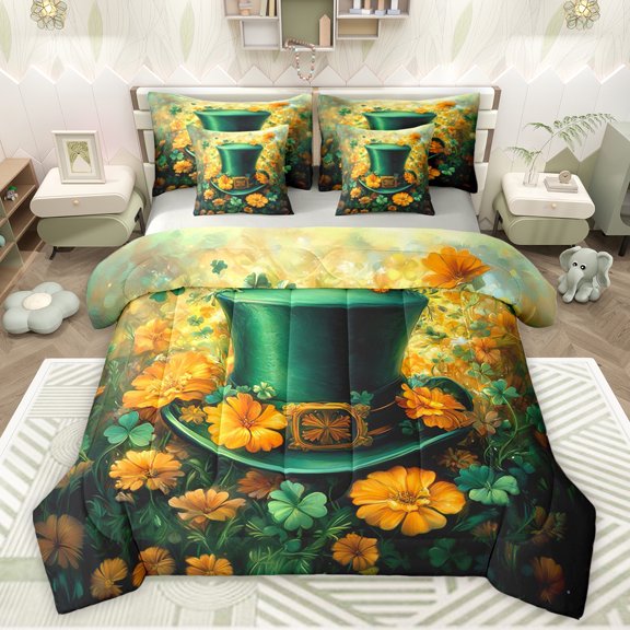 jejeloiu Yellow Green Floral 7pcs Bedding Comforter Set,St.Patrick Day Queen Bedding Sets,Retro Rustic Flower Queen Sheet Sets For Boys Girls,Luxury Bedroom Decor Reversible