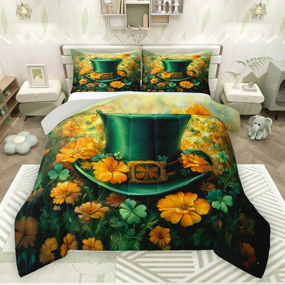jejeloiu Yellow Green Floral Bedding Comforter Set,St.Patrick Day Twin Comforter Sets,Retro Rustic Flower Bedding Set For Boys Girls,Luxury Bedroom Decor Reversible,2-Piece