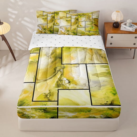 jejeloiu Yellow Marble Patchwork Art Zipper Twin Comforter Sets with Fitted Sheet and 2 Pillowcases Kids,Abstract Print Zipper Bedding Set,Reversible,4 Pieces