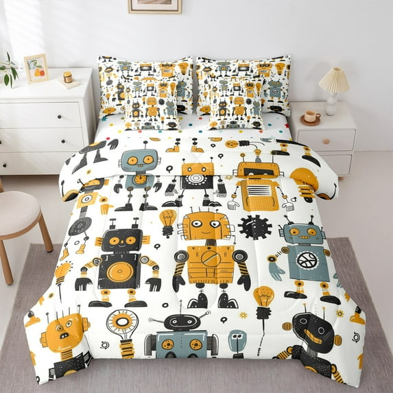 jejeloiu Yellow Sci-Fi Robot Twin Bedding Sets 7-Piece,Cartoon Funny Robots Bedding Comforter Set,Colorful Intelligent Machine Sheet Sets For Teens,Ultra Soft Home Decor Reversible