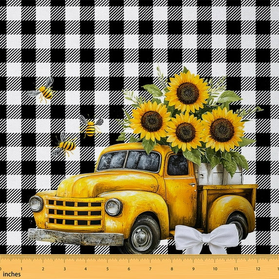 jejeloiu Yellow Sunflower Bee Fabric by the Yard 2 Yards,Rustic Farmhouse Cabin Room Decor Fabric by the Yard,Black Geometric Plaid Fabric for Sewing For Girls Boys,Ultra Soft Home Decor