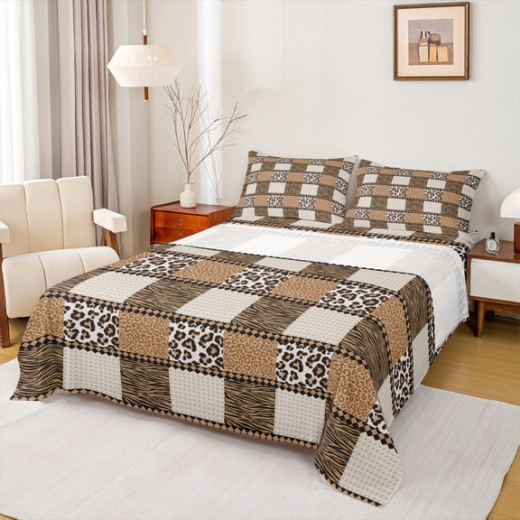 jejeloiu Zebra Cheetah Pattern Bed Sheets,Brown Plaid Checkered King Sheets,Jungle Animal Sheet Set For Boys Girls,Super Cozy Room Decor,4pcs