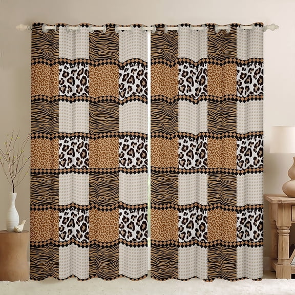 jejeloiu Zebra Cheetah Pattern Blackout Curtains,Brown Plaid Checkered Curtains Pack of 2 (38x45 Each),Jungle Animal Window Curtains For Boys Girls,Super Cozy Room Decor