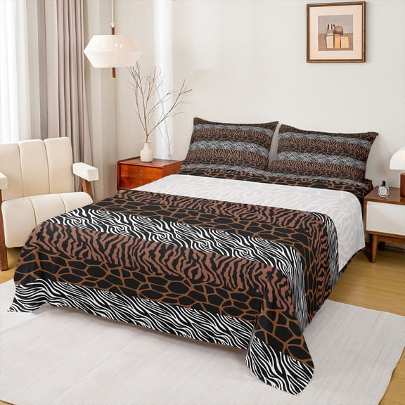jejeloiu Zebra Graffiti Print Twin Sheet Sets,Jungle Animal Twin Fitted Sheet,Gray Brown Flat Sheet For Girls Kids,Ultra Soft Home Decor,3 Pieces