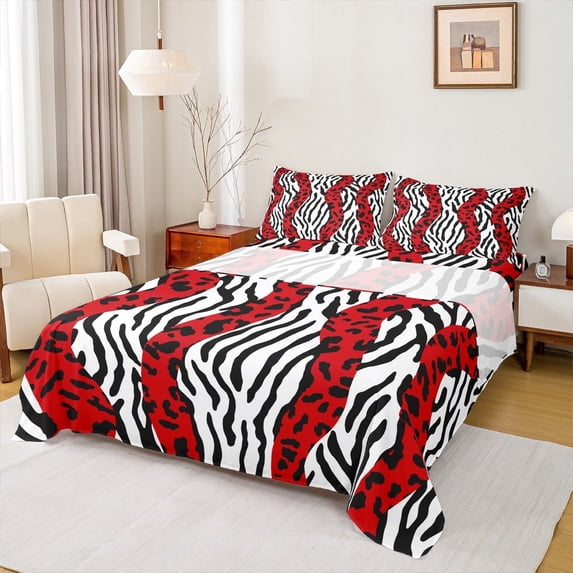 jejeloiu Zebra Pattern Bed Sheets,Geometric Cheetah Stripes King Sheets,Red Black White Sheet Set For Girls,Super Cozy Bedroom Decor,4 Pieces