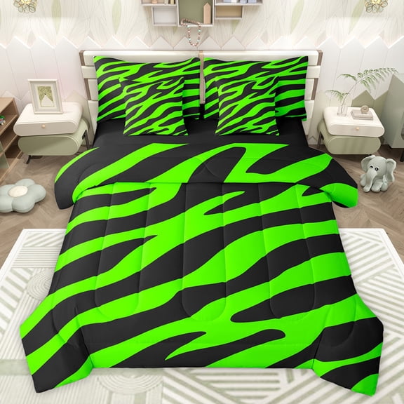 jejeloiu Zebra Print Texture 7-Piece Bedding Comforter Set,Wild Animal King Bedding Sets,Green Black Bed Sheets For Girls Kids,Super Cozy Room Decor Reversible