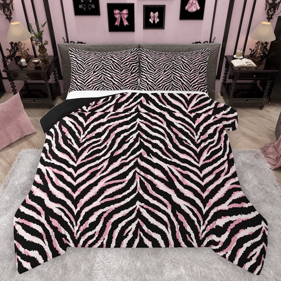jejeloiu Zebra Print Texture Bedding Comforter Set,Wild Animal Twin Comforter Sets,Pink Black Bedding Set For Girls Kids,Super Cozy Room Decor Reversible,2 Pieces