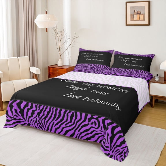 jejeloiu Zebra Striped Texture Bed Sheets,Inspirational Quote King Sheets,Purple Black Sheet Set For Adults,Luxury Bedroom Decor,4 Pieces