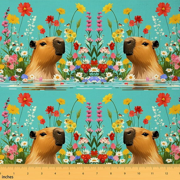 jejeloiu Zoo Animal Capybara Fabric by the Yard 3 Yards,Colorful Flower Floral Sewing Fabric,Brown Cyan Fabric for Sewing For Girls Boys,Luxury Bedroom Decor