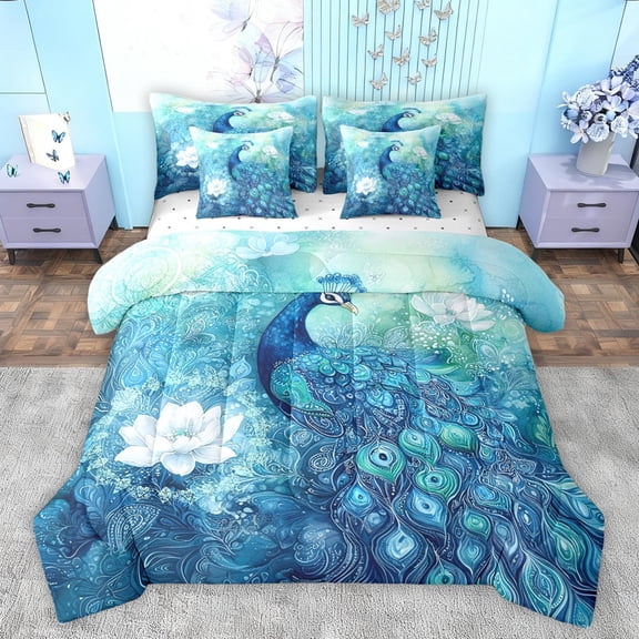 jejeloiu Zoo Animal Peacock 7-Piece Bedding Comforter Set,Boho Bohemian Style King Bedding Sets,White Flowers Bed Sheets For Kids,Ultra Soft Home Decor Reversible