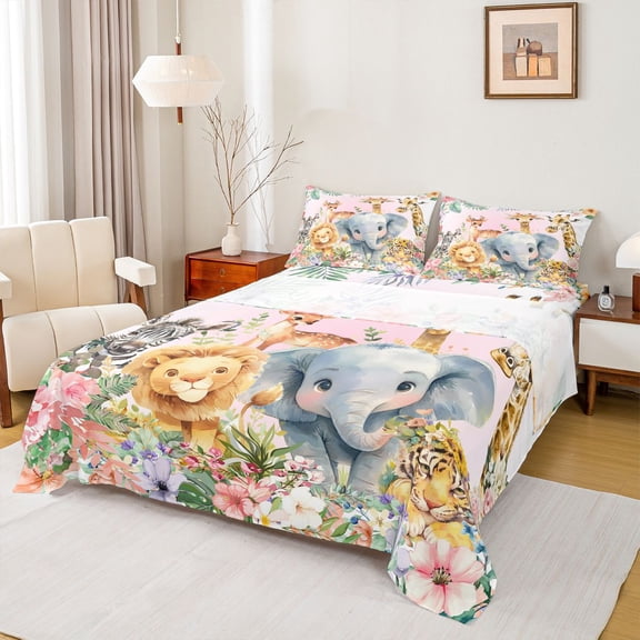 jejeloiu Zoo Tiger Zebra Bed Sheets,Wild Lions Elk King Sheets,Colorful Rustic Flowers Sheet Set For Kids,Breathable Home Decor,4pcs