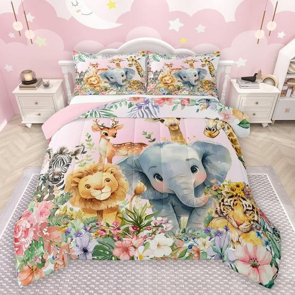 jejeloiu Zoo Tiger Zebra Bedding Comforter Set,Wild Lions Elk Twin Comforter Sets,Colorful Rustic Flowers Bedding Set For Kids,Breathable Home Decor Reversible,2pcs