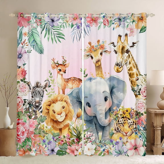 jejeloiu Zoo Tiger Zebra Black Out Curtains,Wild Lions Elk Curtains Pack of 2 (42x63 Each),Colorful Rustic Flowers Bedroom Curtains For Kids,Breathable Home Decor