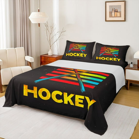 jejeloiu ice Hockey Twin Sheet Sets,Ball Sport Game Twin Fitted Sheet,Colorful Geometric Stripes Flat Sheet For Boys,Ultra Soft Home Decor,3pcs