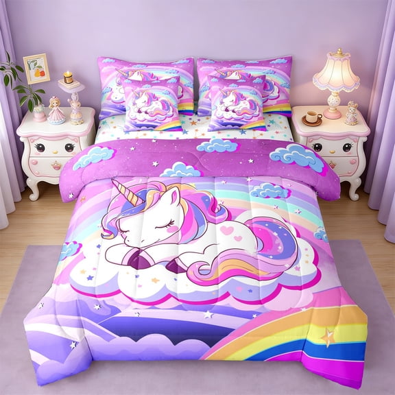 jejeloiu multicolor Kawaii Unicorn Twin Bedding Sets 7-Piece,Magic Animal Bedding Comforter Set,rainbow clouds stars Sheet Sets For Children,Breathable Home Decor Reversible