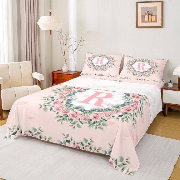 jejeloiu pink Monogrammed R Bed Sheets,Cartoon Floral King Sheets,Retro Rustic Plant Sheet Set For Girl Teens,Ultra Soft Bedroom Decor,4pcs