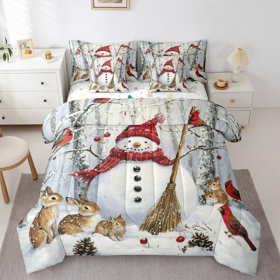 jejeloiucartoon Xmas Snowmen Bedding Comforter Set 7-Piece,Kawaii Rabbit King Bedding Sets,Christmas Theme Bed Sheets For Child,Super Cozy Room Decoration Reversible