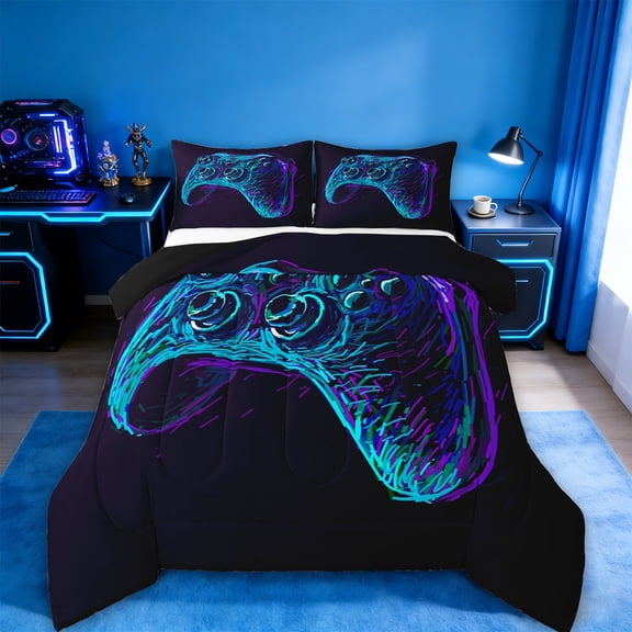 jejeloiuoil Painting Gamepad Full Size Comforter Sets,Modern Video Game Bedding Comforter Set,Gaming Gamer Bedding Sets For Girl Kids,Super Cozy Bedroom Decor Reversible,3 Pieces