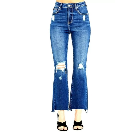 jelly jeans Womens High Rise Distressed Crop Stretch Denim Jeans Wide Leg Flare Jeans