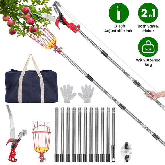 jelyHT 2-in-1 Manual Pole Saw 14.5FT Extendable Stainless Steel Fruit Picker with 65Mn Blade for Tree Trimming Garden Orchard Yard