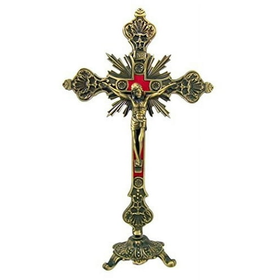 jesus christ on cross bronze tone standing crucifix with base, 12 inch