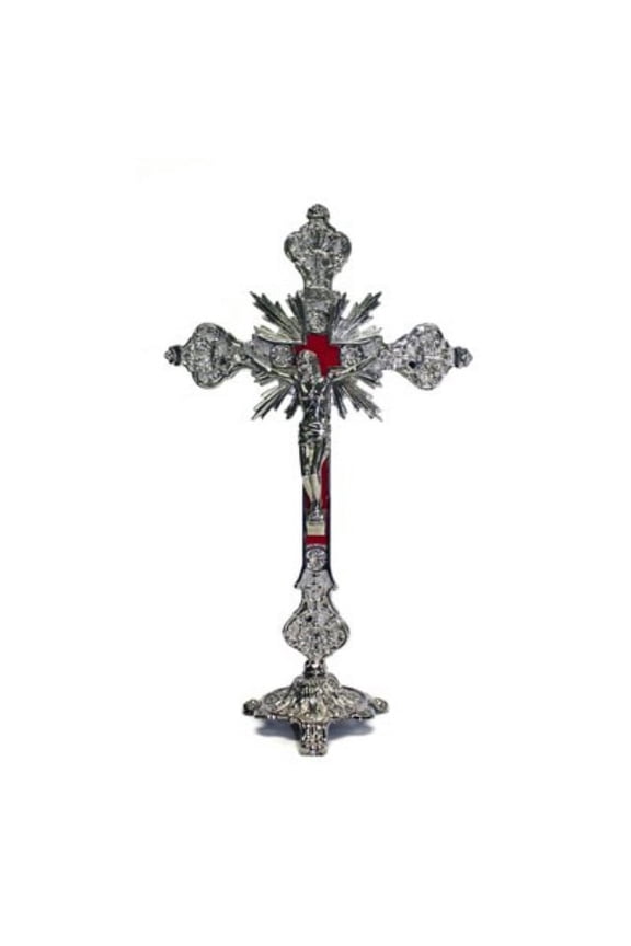 jesus christ on cross silver tone standing crucifix with base, 12 inch