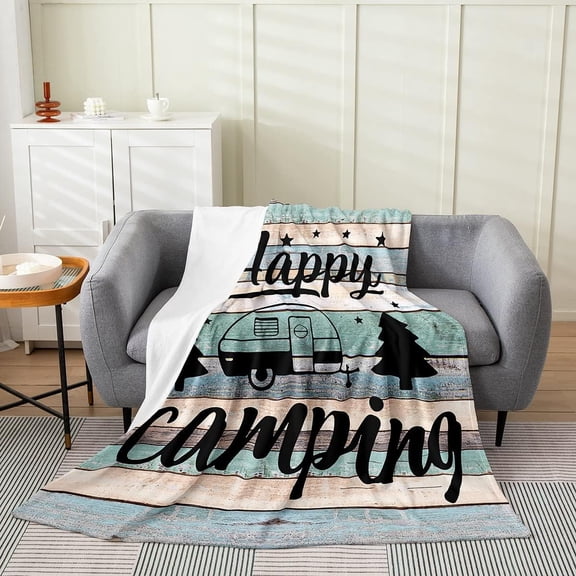 jewelou Camper Flannel Fleece Throw, All Season Camping Theme Bed Blanket, Rustic Farmhouse Style, 30"x40"