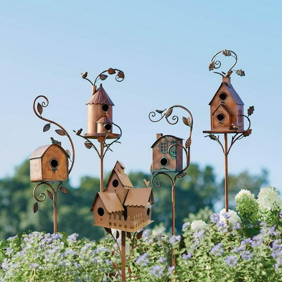 jiacuix Animal Products Metal Bird House With Pole, Large Bird Houses For Courtyard Backyard Patio Outdoor Garden Decor, Resting Place For Birds, Hummingbird House Outdoor Garden Multicolor
