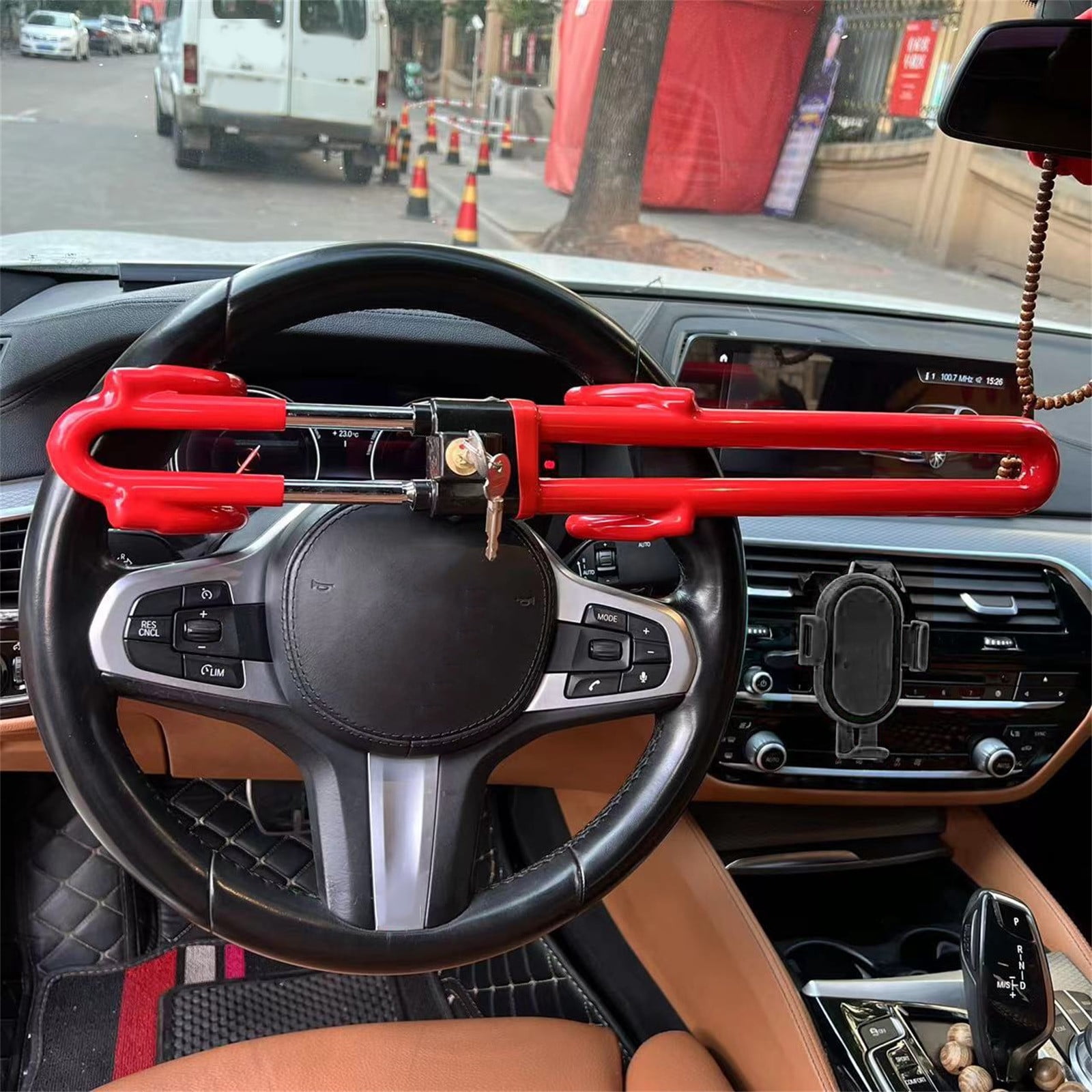 Tevlaphee Car Steering Wheel Lock - Adjustable Anti-Theft Device For Cars, Trucks, SUVs & Vans, Solid Steel With Copper Lock