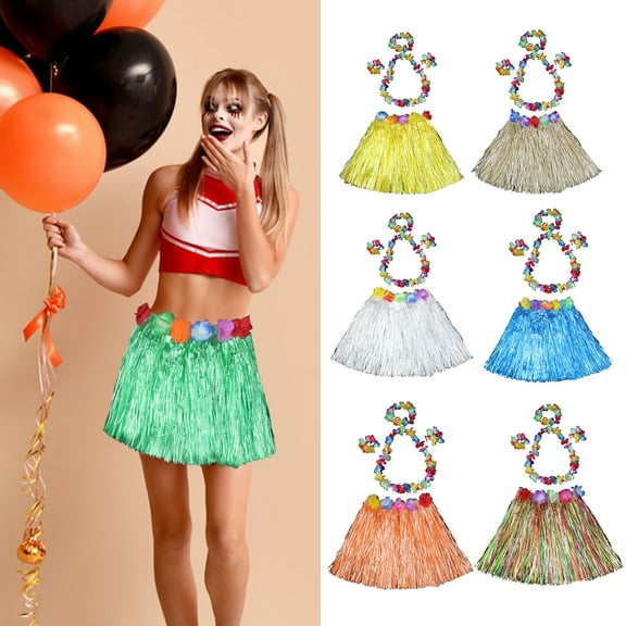 jiaroswwei 1 Set Hawaiian Luau Hula Skirts, 1PC Grass Skirt + Head Garland + Choker Garland + Hand Garlands Hibiscus, Flowers Birthday Tropical Party Decorations Favors Supplies