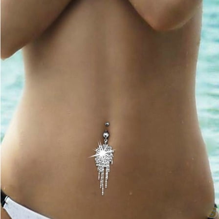 jiaroswwei 14G Rhinestone Tassel Dangle Barbell Bar Belly Button Navel Ring Body Piercing