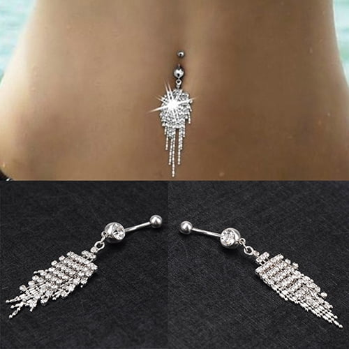 jiaroswwei 1Pc Shiny Rhinestone Tassel Long Chain Dangle Navel Belly Button Ring Bar