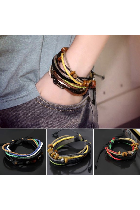 1Pc Unisex Chic Multi-layer Faux Leather Rope Chain Beads Charms Bracelet