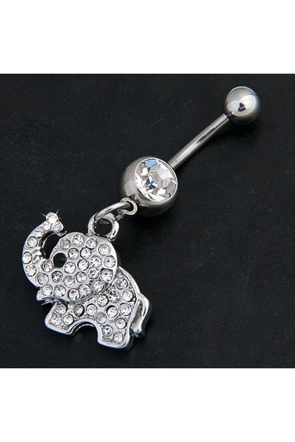 316L Steel Rhinestone Elephant Dangle Navel Belly Button Ring Bar Body Piercing