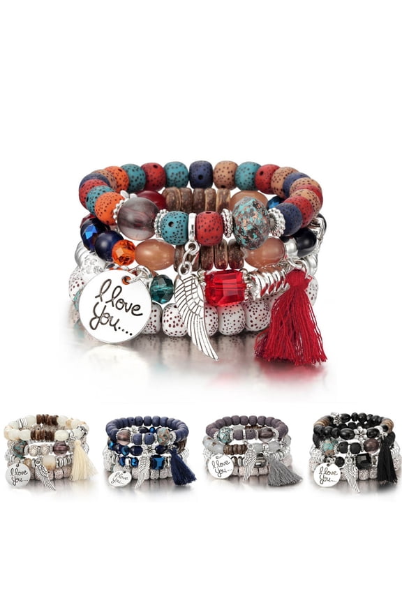 4Pcs/Set Bohemia Style Wing Beads Bracelet Women Bangle Jewelry Party Gift