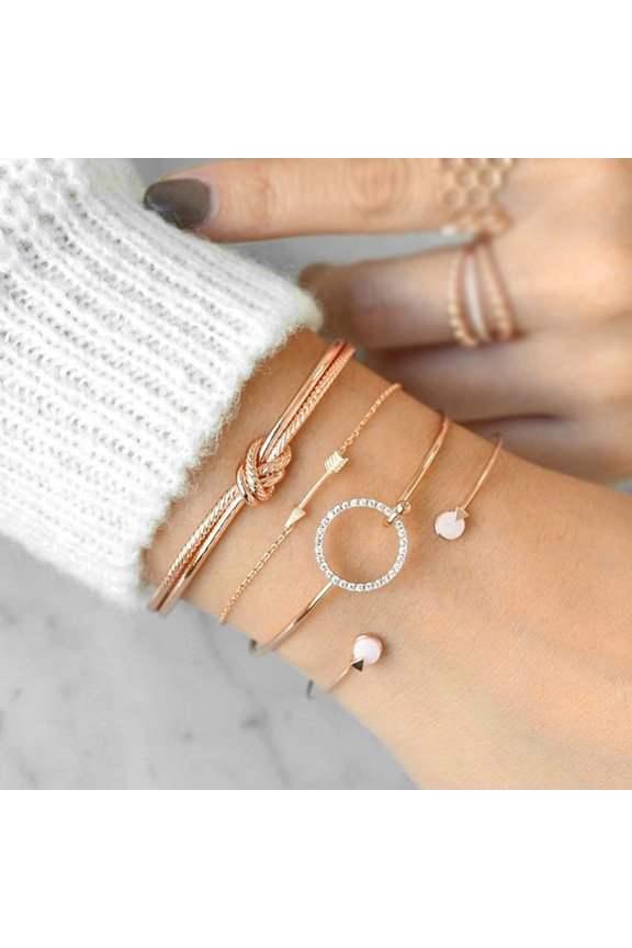4Pcs/Set Fashion Knotted Circle Arrow Rhinestone Opening Bangles Women Bracelets for Party