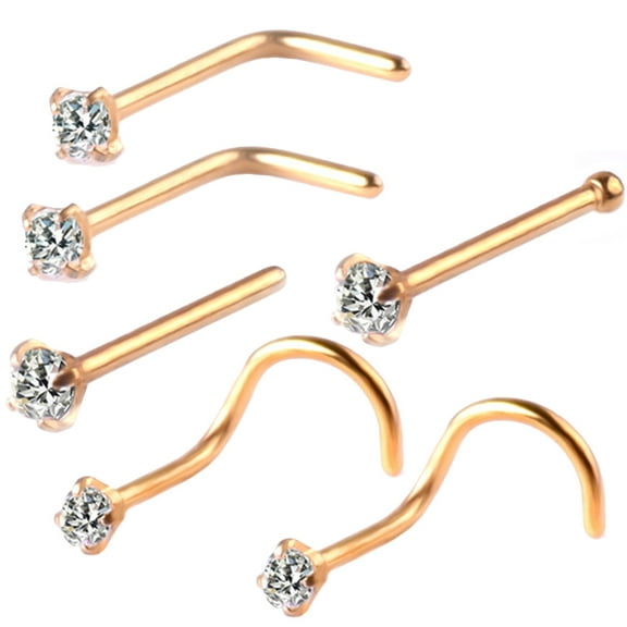 jiaroswwei 6Pcs/Set Cubic Zirconia L-Bar Curved Rod Nose Stud Body Piercing Jewelry Decor