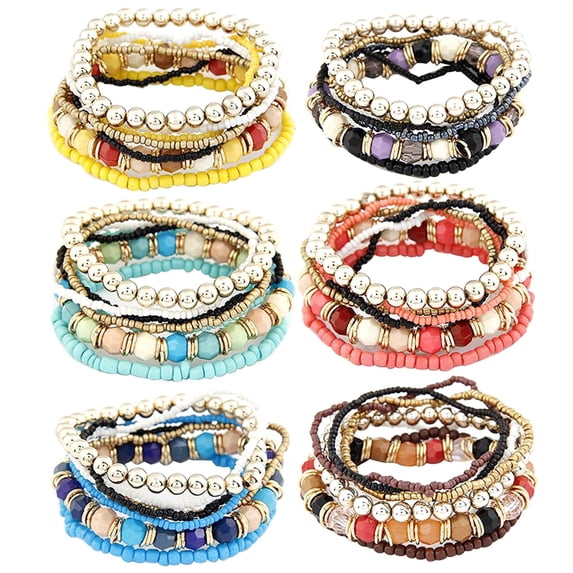 jiaroswwei 7Pcs/Set Women Boho Bohemian Mix Style Multilayer Elastic Beaded Bracelets for Banquet Party