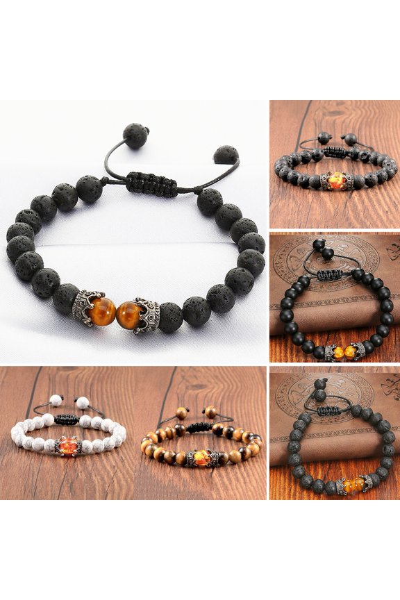 Adjustable Smooth Surface Men Bracelet Stone Crown Charm Braided Wristband Jewelry Accessory
